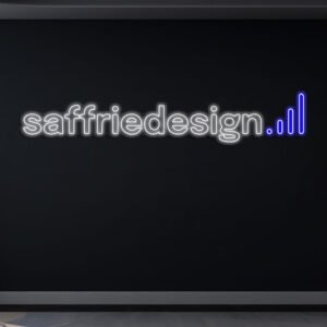 LED neon logo Saffriedesign in wit en blauw licht, moderne lichtreclame op zwarte achtergrond